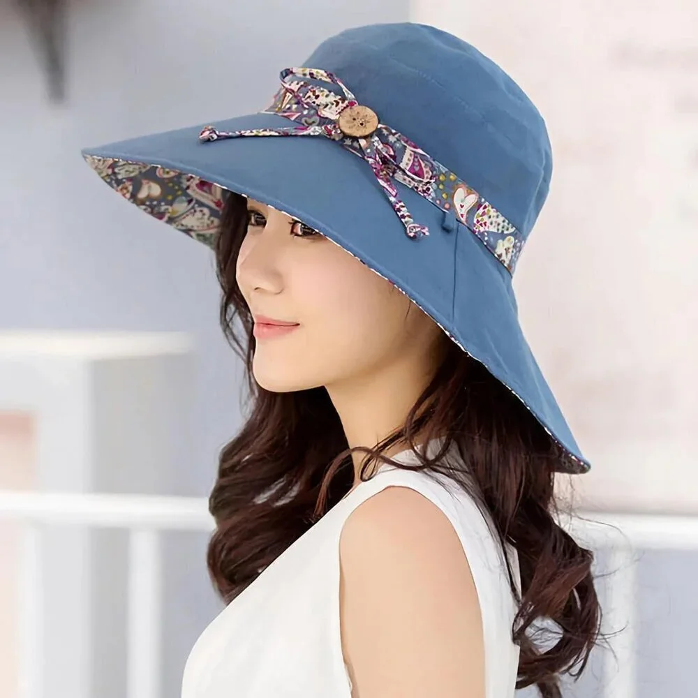 Women Bohemian Reversible Sun Hat Wide Brim UV Protection Cotton Polyester - Picture 6 of 8